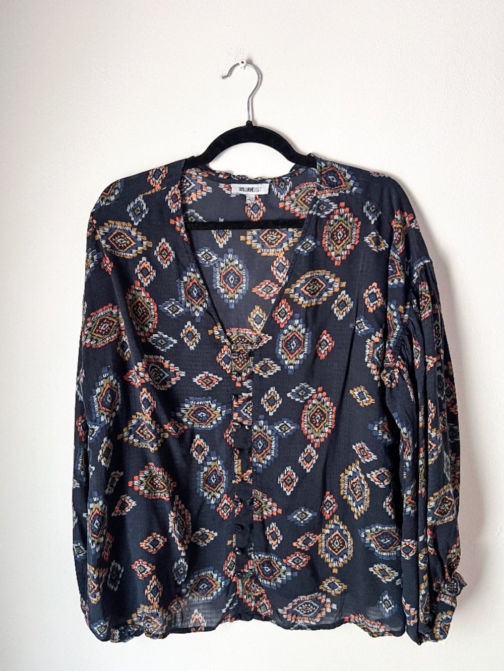 William Rast Blue Boho Aztec Print Peasant Blouse Balloon Sleeve Top